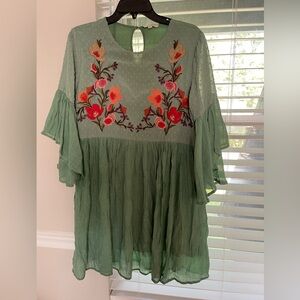 Umgee size L green embroidered dress with bell sleeves.